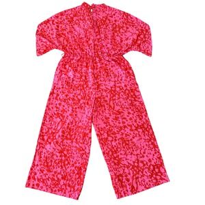 SHEIN CURVE Pink Red Abstract‎ Print Wide Leg Jumpsuit Boho Flowy Size 3XL